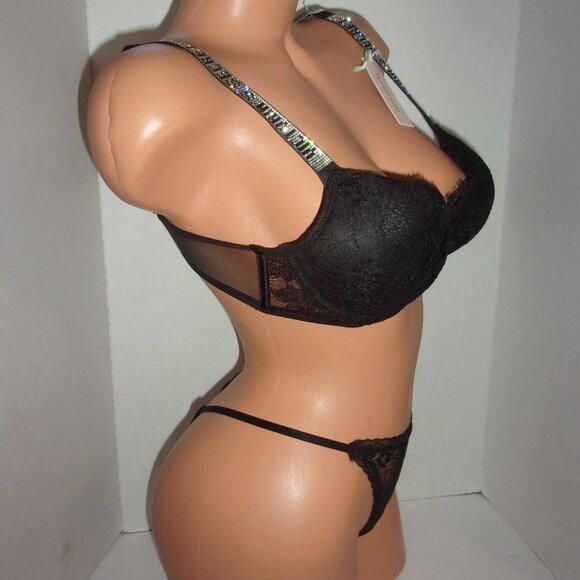 Victoria's Secret Shine Strap Bombshell +2 Cups Bra & Lace Thong 34B/M - Picture 2 of 3